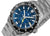 Montre homme avec cadran bleu, lunette noire et marqueur GMT jaune.