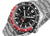 Herrenarmbanduhr mit schwarzem Zifferblatt, roter Lünette und Stahlarmband.