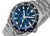 Montre homme avec cadran bleu, aiguille GMT jaune, affichage de la date et bracelet en acier inoxydable