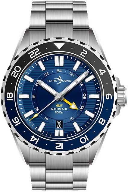 Marc and Sons Montre homme avec cadran bleu, lunette GMT et guichet date, bracelet en acier