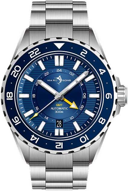 Herrenuhr mit blauem Zifferblatt, GMT-Anzeige und Stahllink-Armband