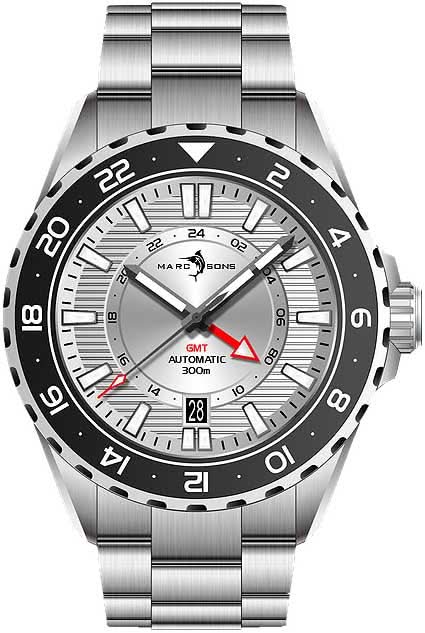 Montre homme en acier avec lunette noire, cadran argenté, aiguille GMT et guichet date