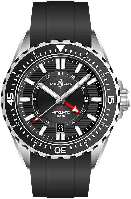 Herrenuhr mit schwarzem Zifferblatt, rotem GMT-Zeiger und schwarzem Kautschukband