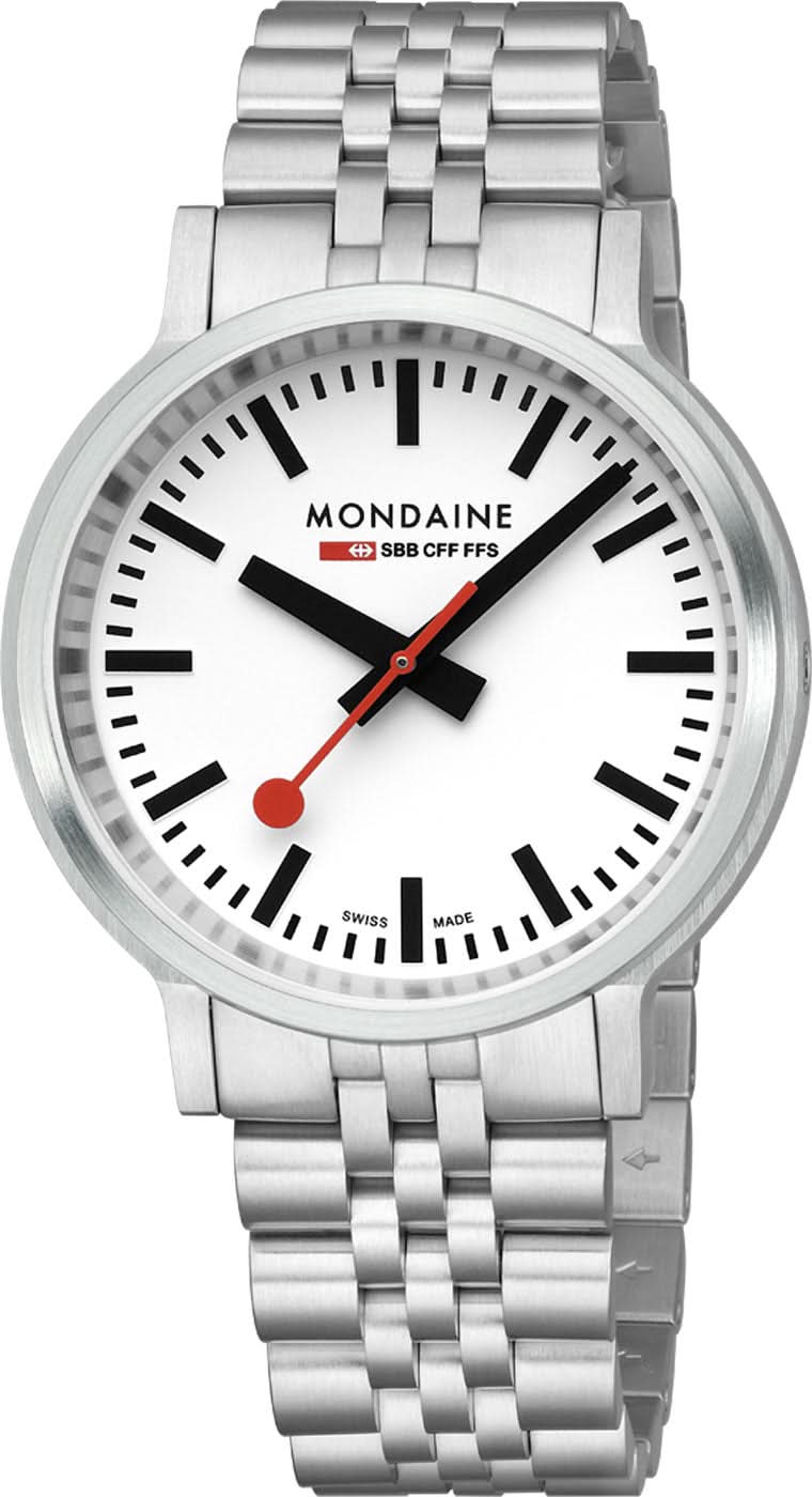 Montre pour homme avec cadran blanc, index noirs et trotteuse rouge, bracelet en acier inoxydable