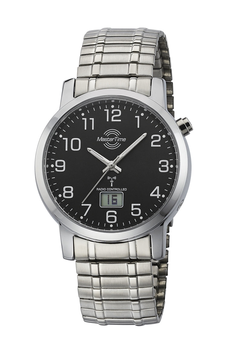 Herrenarmbanduhr mit silbernem Edelstahlarmband, schwarzem Zifferblatt und Zeigern