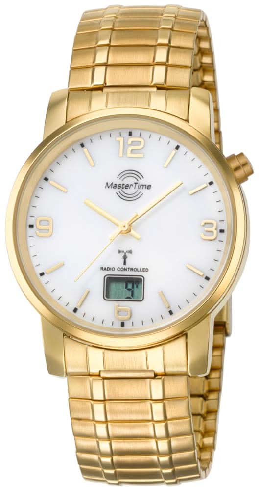 Master Time Herrenuhr mit goldfarbenem Edelstahlband, weißem Zifferblatt und Digitalanzeige