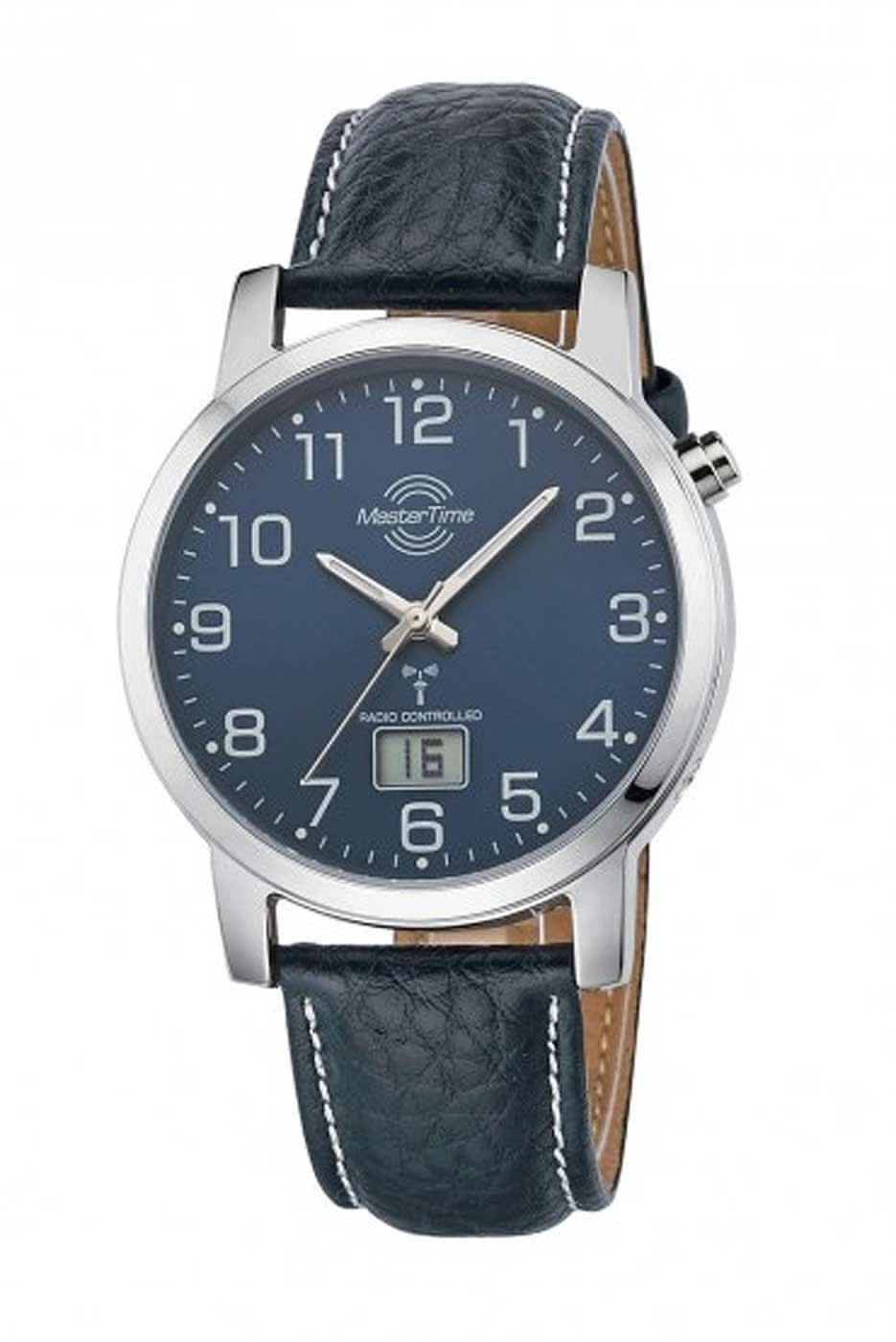 Montre homme avec cadran bleu, boîtier argenté et bracelet en cuir bleu