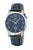 Montre homme avec cadran bleu, boîtier argenté et bracelet en cuir bleu