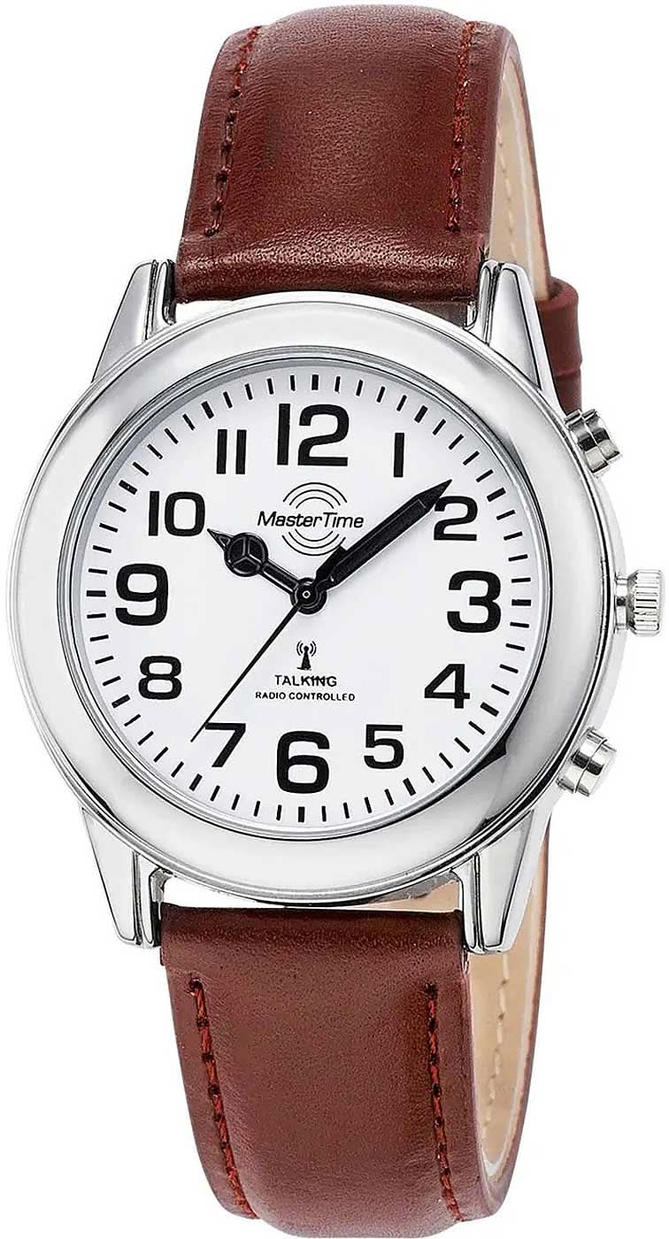 Bracelet de montre pour homme en cuir marron avec boîtier argenté, cadran blanc.