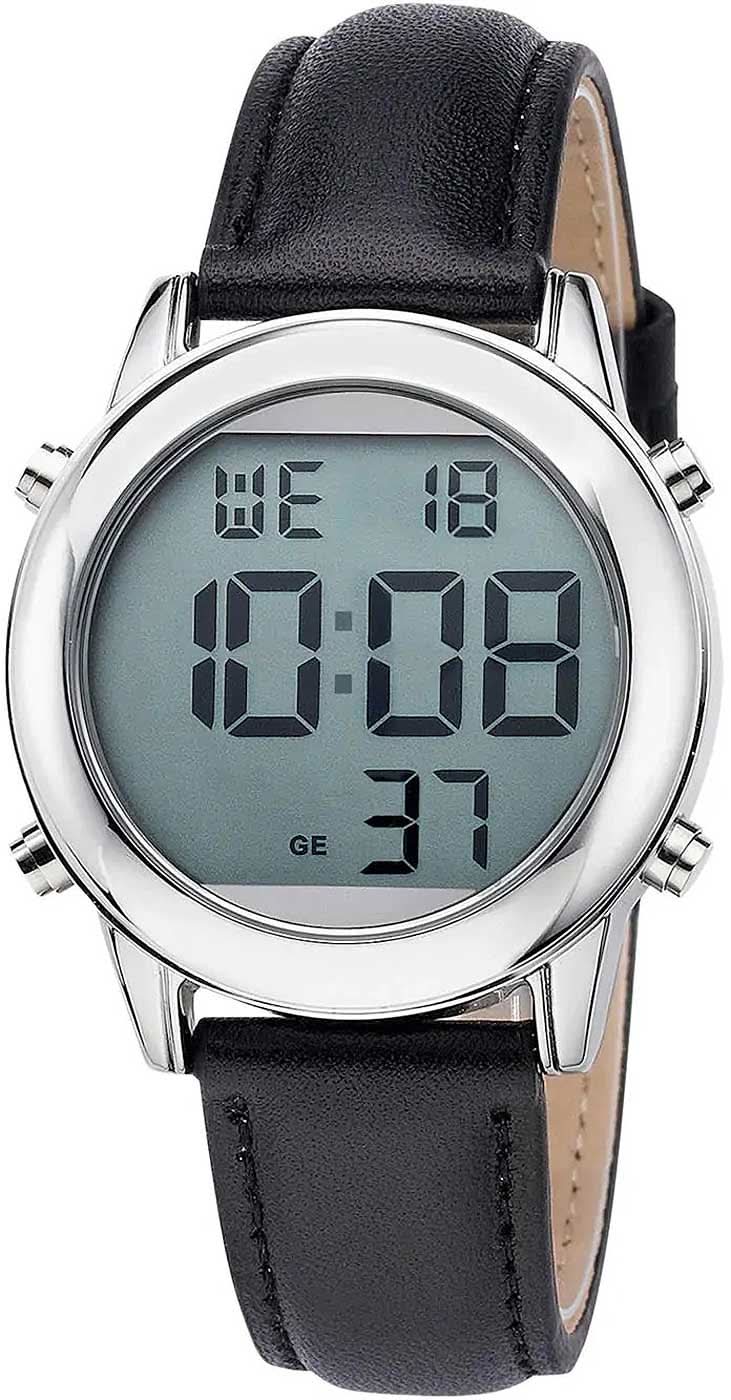 Montre radio-pilotée pour homme Master Time avec bracelet en cuir noir, boîtier argenté et affichage numérique.