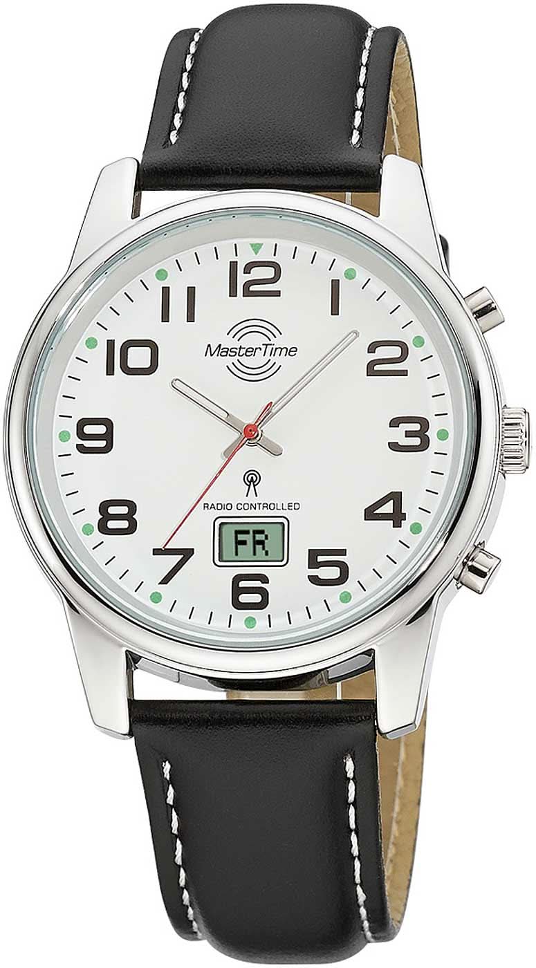 MasterTime Herrenuhr mit schwarzem Lederarmband und silbernem Zifferblatt, klare Zeitanzeige
