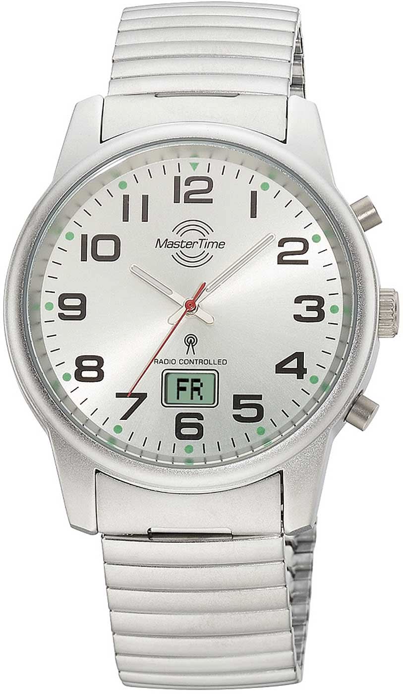 Montre radio-pilotée argentée pour homme avec cadran blanc, chiffres arabes et affichage de la date FR