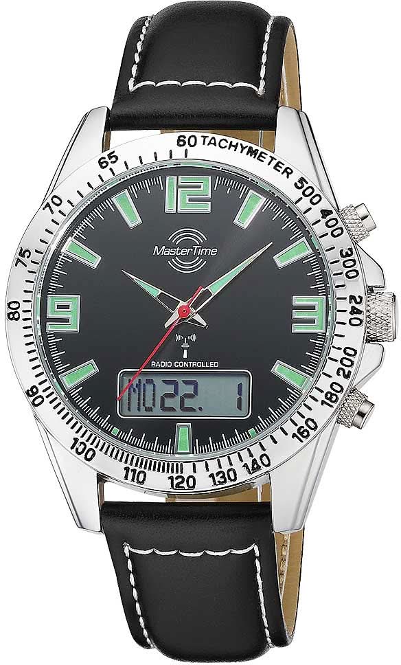 Herrenuhr mit schwarzem Lederarmband, schwarzem Zifferblatt mit grünen Akzenten