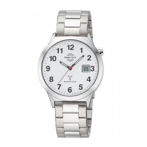 Weiße Herrenuhr mit Metallarmband, analogem Ziffernblatt und kleinem Digitaldisplay