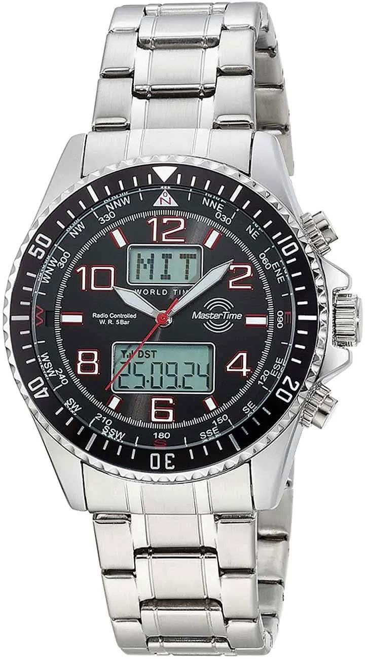 Herrenarmbanduhr mit Edelstahlarmband und schwarzem Zifferblatt, digitale Anzeige, rote Akzente