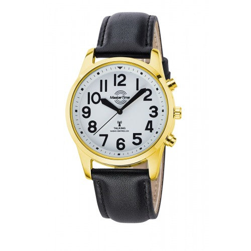 Herren-Armbanduhr mit schwarzem Lederband und goldfarbenem Gehäuse, weißem Zifferblatt