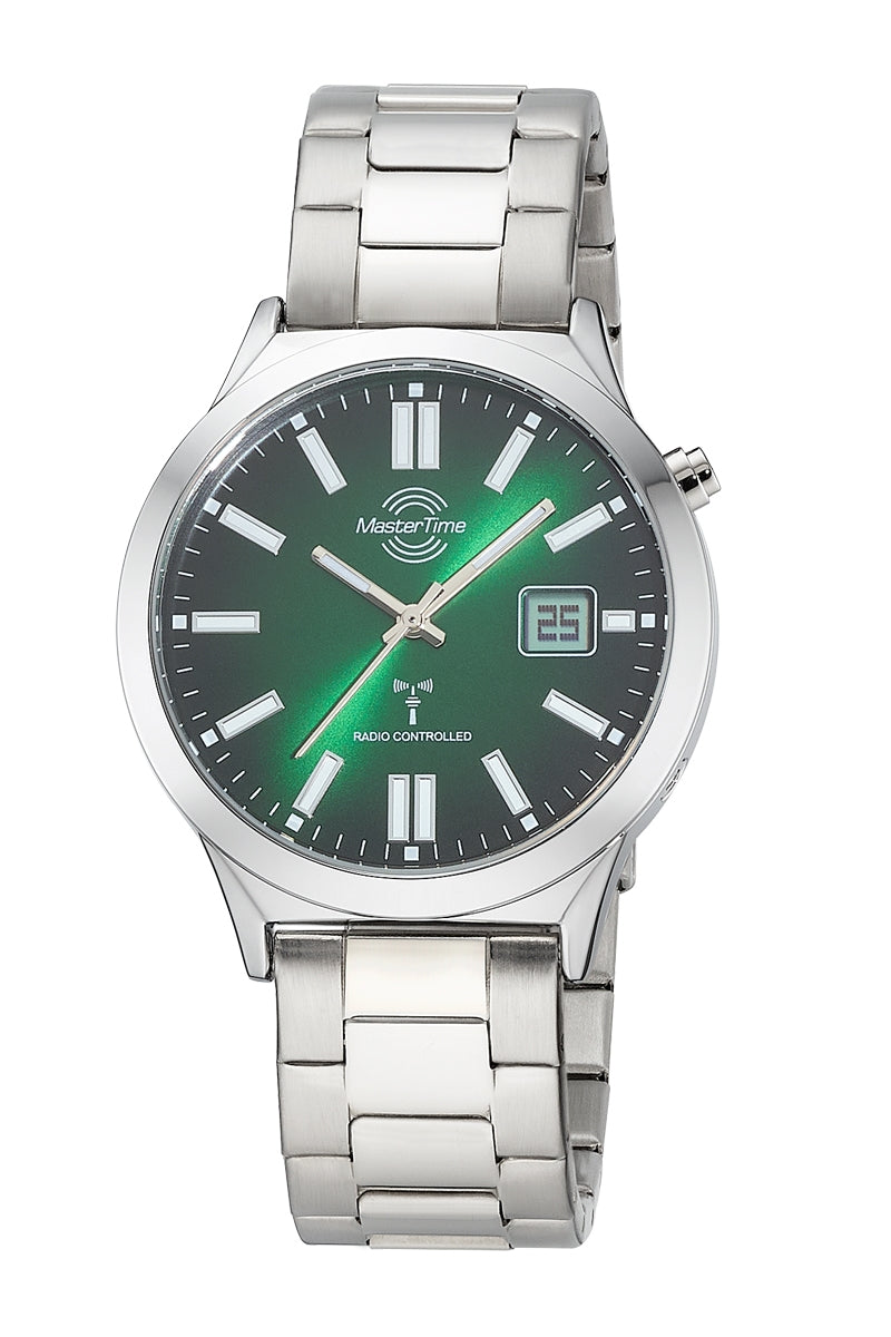 Herrenarmbanduhr mit grünem Zifferblatt, silbernem Metallband, Analog- und Digitalanzeige.
