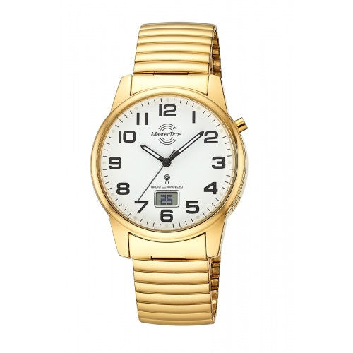 Goldfarbene Herren-Armbanduhr mit Metallarmband und weißem Zifferblatt mit arabischen Ziffern