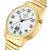 Goldfarbene Herren-Armbanduhr im Detail: weißes Zifferblatt mit Zeigern und großen Ziffern