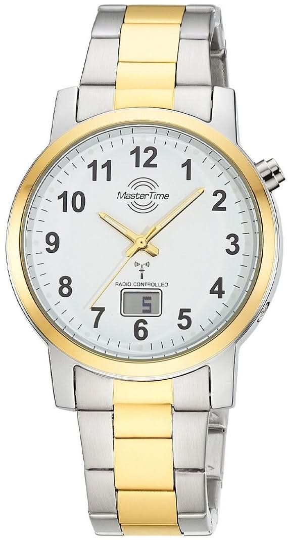 Bracelet de montre pour homme avec bracelet bicolore en métal, cadran blanc et aiguilles dorées