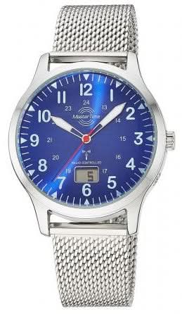 Montre homme avec cadran bleu, bracelet en maille d'acier inoxydable et boîtier argenté