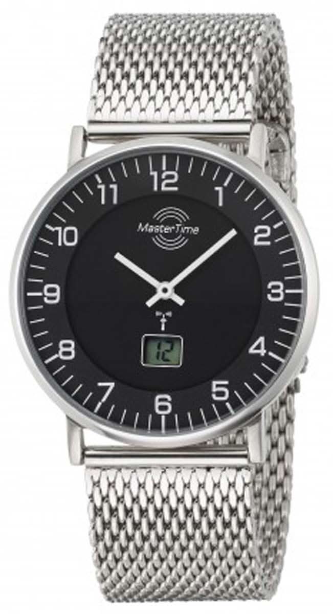 Herrenuhr mit schwarzem Zifferblatt und Edelstahl-Mesharmband, Dornschließe
