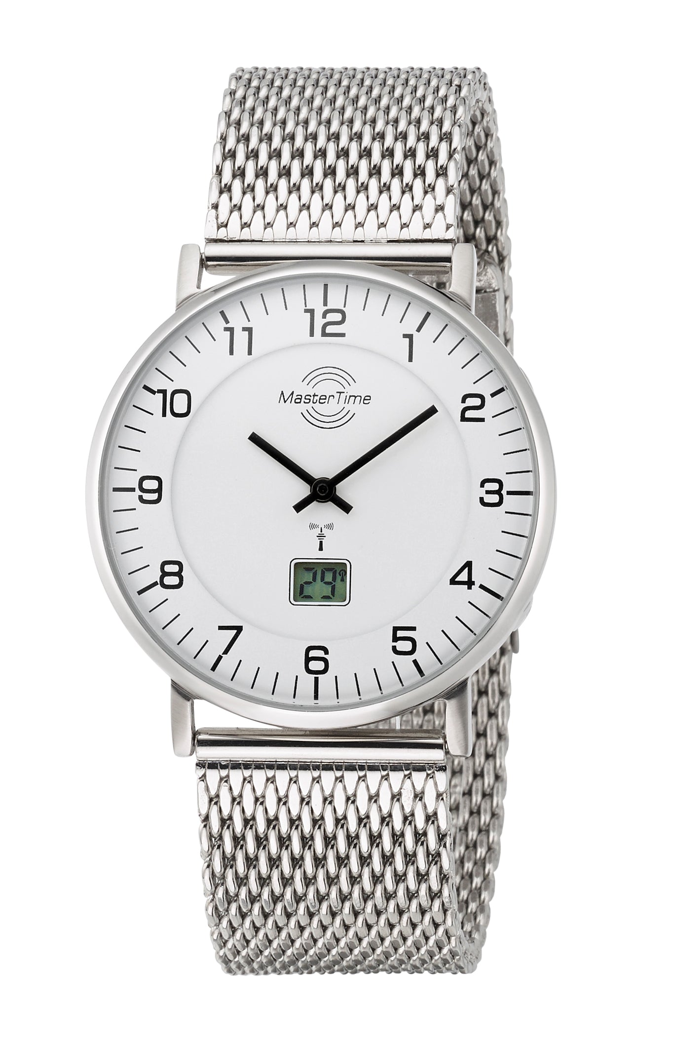 Silberne Funk-Herrenuhr mit Metall-Meshband, weißem Zifferblatt und Datumsfenster