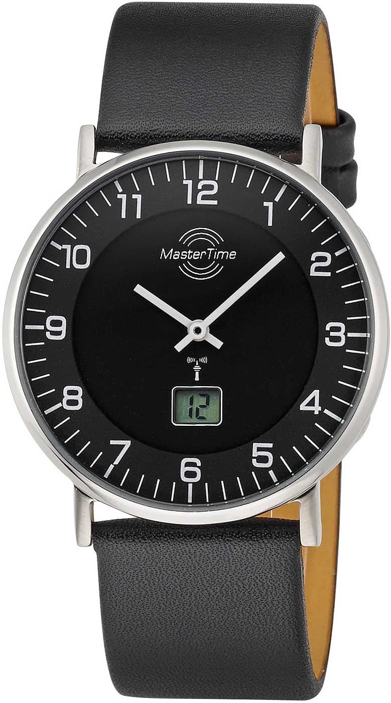 Montre homme avec cadran noir, chiffres romains, bracelet fin en cuir noir