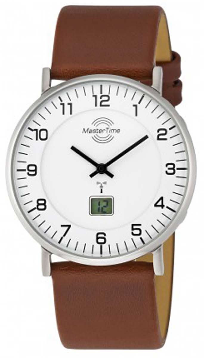 Montre homme avec cadran blanc, mouvement noir et bracelet en cuir marron
