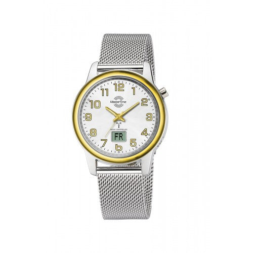 Damen-Armbanduhr mit silbernem Milanaise-Armband, bicolor Gehäuse, weißes Zifferblatt