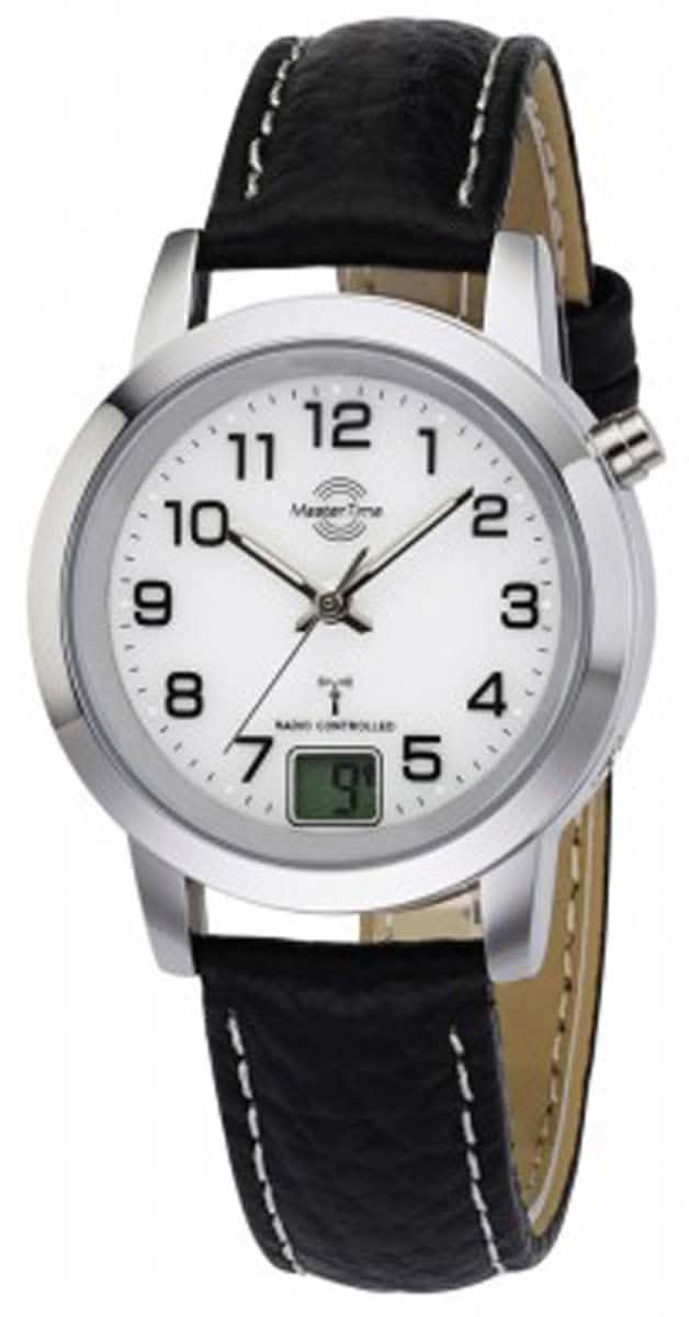 Master Time Damenuhr mit schwarzem Lederband, silbernem Rundgehäuse und Analogziffern