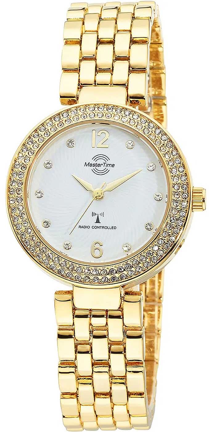 Montre pour femme avec bracelet en métal doré et lunette scintillante, cadran blanc