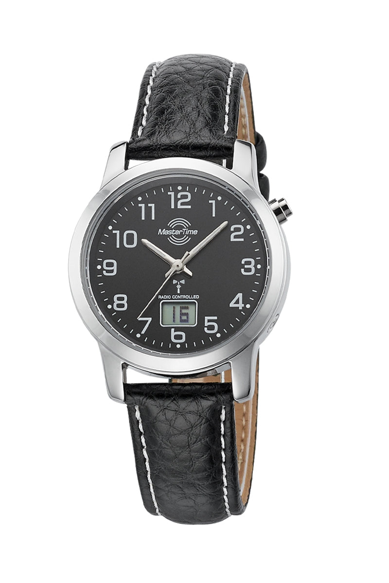 Damen-Armbanduhr mit schwarzem Lederarmband, schwarzem Zifferblatt und Datumsanzeige