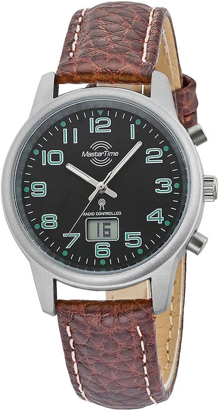 Damenuhr mit rundem Stahlgehäuse, schwarzem Zifferblatt und braunem Lederarmband