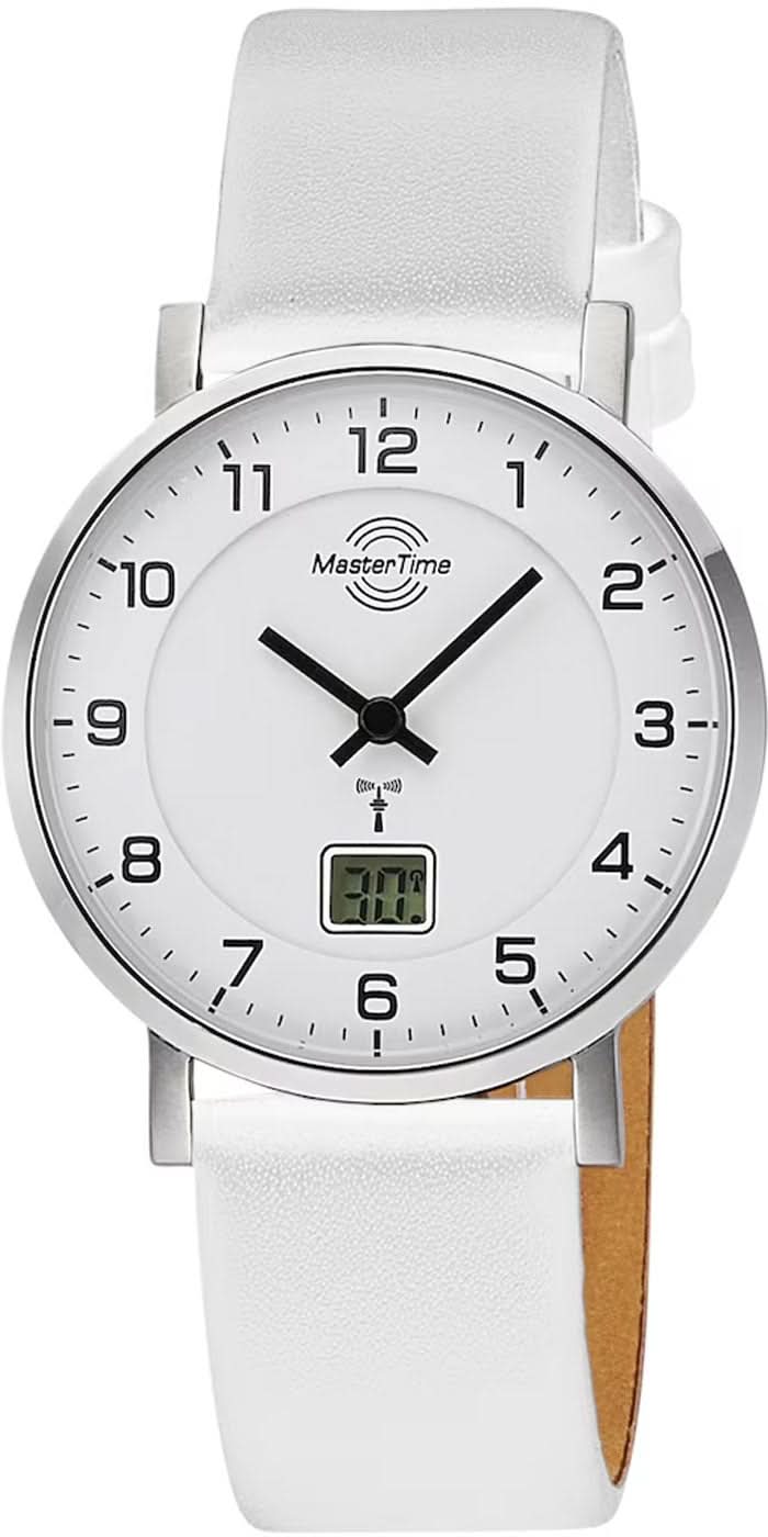 Montre pour femme avec bracelet en cuir blanc, boîtier argenté, cadran analogique et affichage de la date