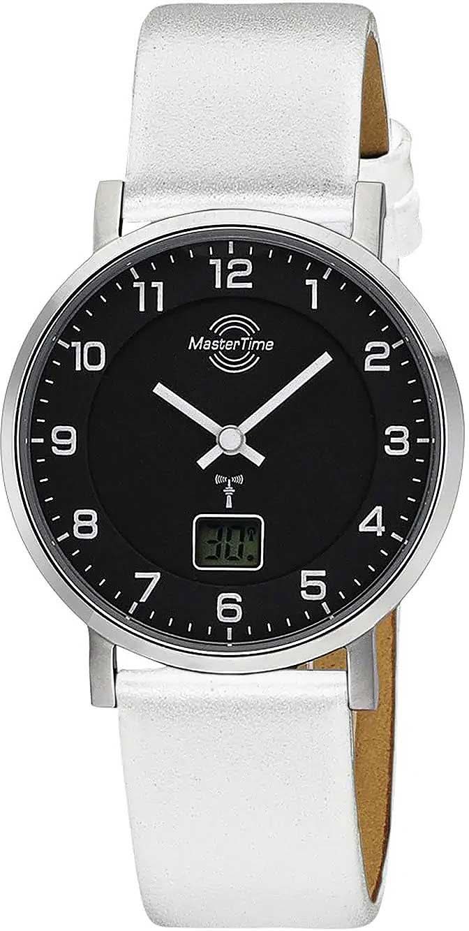 Montre pour femme avec bracelet en cuir blanc, cadran noir, symbole radio et affichage numérique