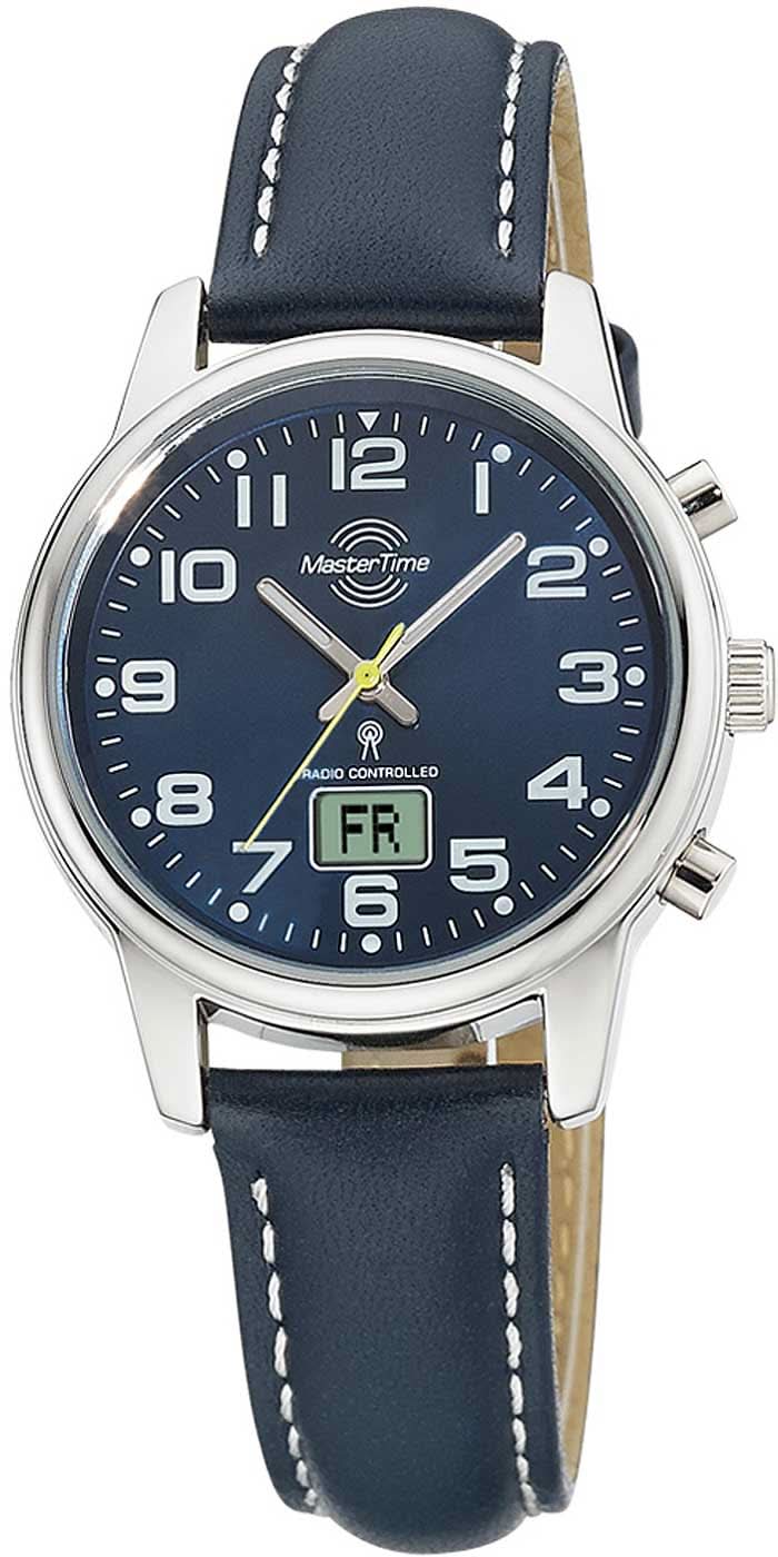 Montre pour femme avec bracelet en cuir bleu et cadran bleu foncé avec affichage de la date « FR »