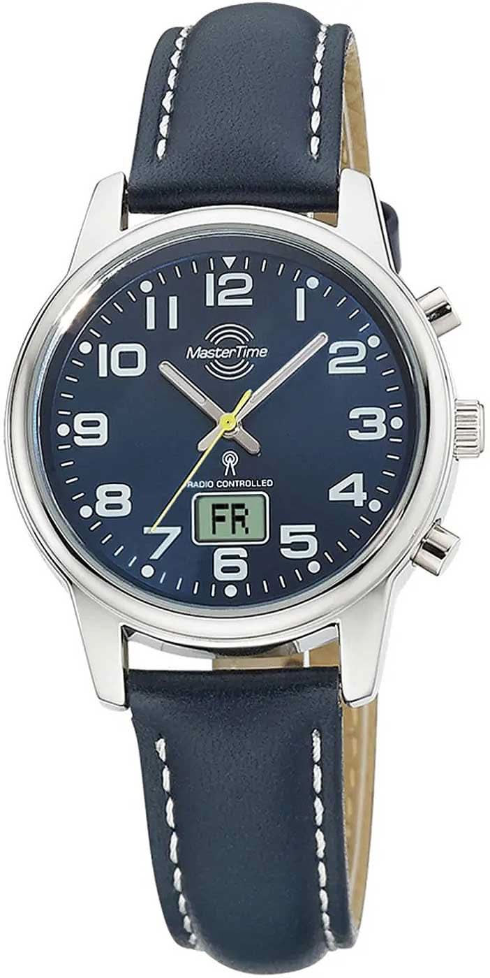 Montre pour femme : bracelet en cuir bleu, cadran rond bleu foncé, boîtier en acier