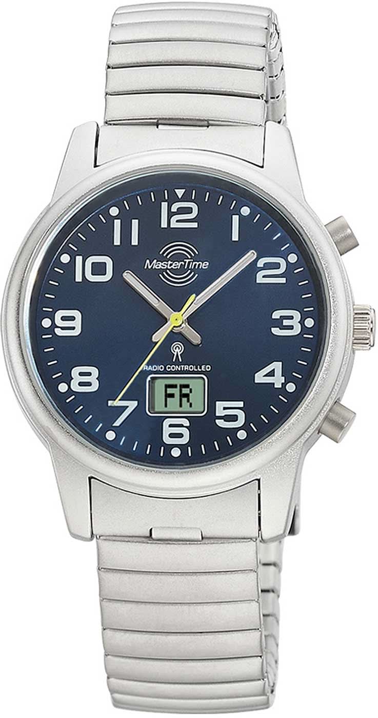 Damenuhr mit blauem Zifferblatt und silberfarbenem Metallarmband, analoge Zeitanzeige