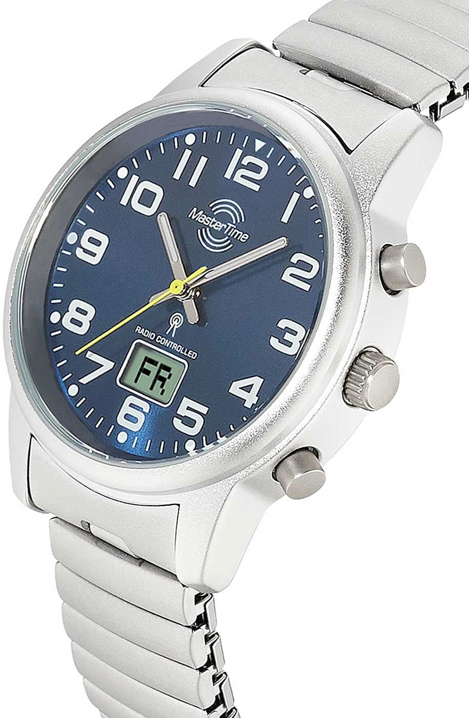 Montre pour femme avec cadran bleu, boîtier argenté et trois boutons sur le côté