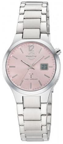 Montre pour femme en acier inoxydable avec cadran rose, aiguilles analogiques et champ numérique