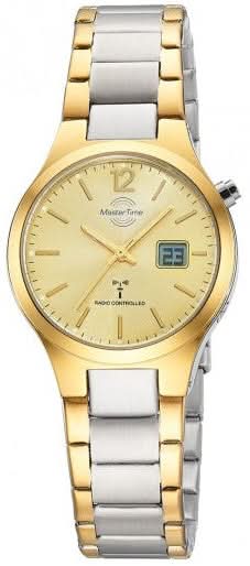 Montre pour femme avec bracelet métallique bicolore, cadran doré et affichage numérique