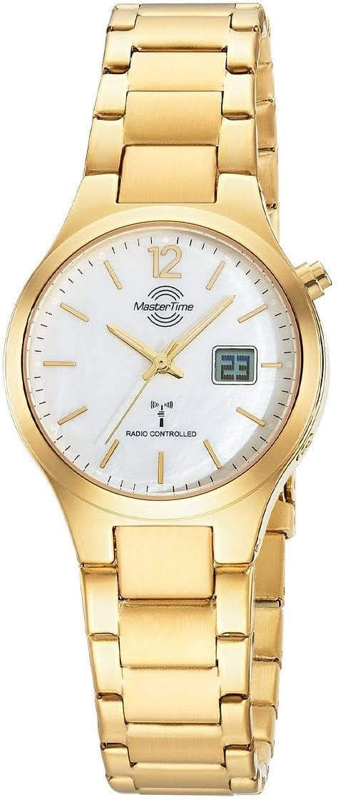 Montre pour femme avec bracelet en métal doré, cadran blanc et élément LCD à 3 heures