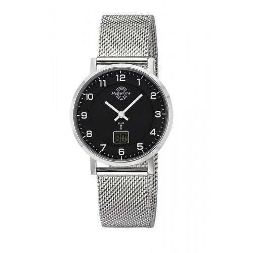 Damen-Armbanduhr mit silbernem Metallarmband, schwarzem Zifferblatt und Analog-Digitalanzeige