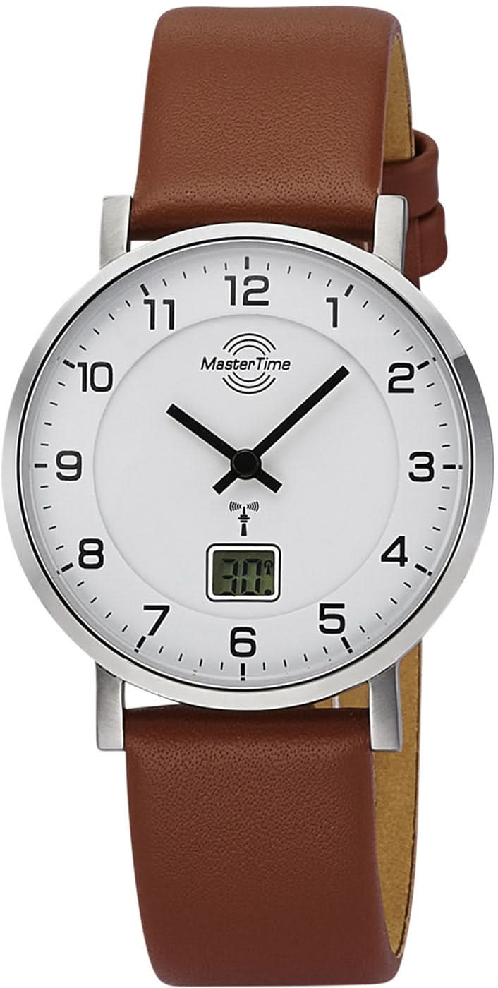 Montre marron pour femme avec bracelet en cuir, boîtier rond argenté et affichage numérique de la date