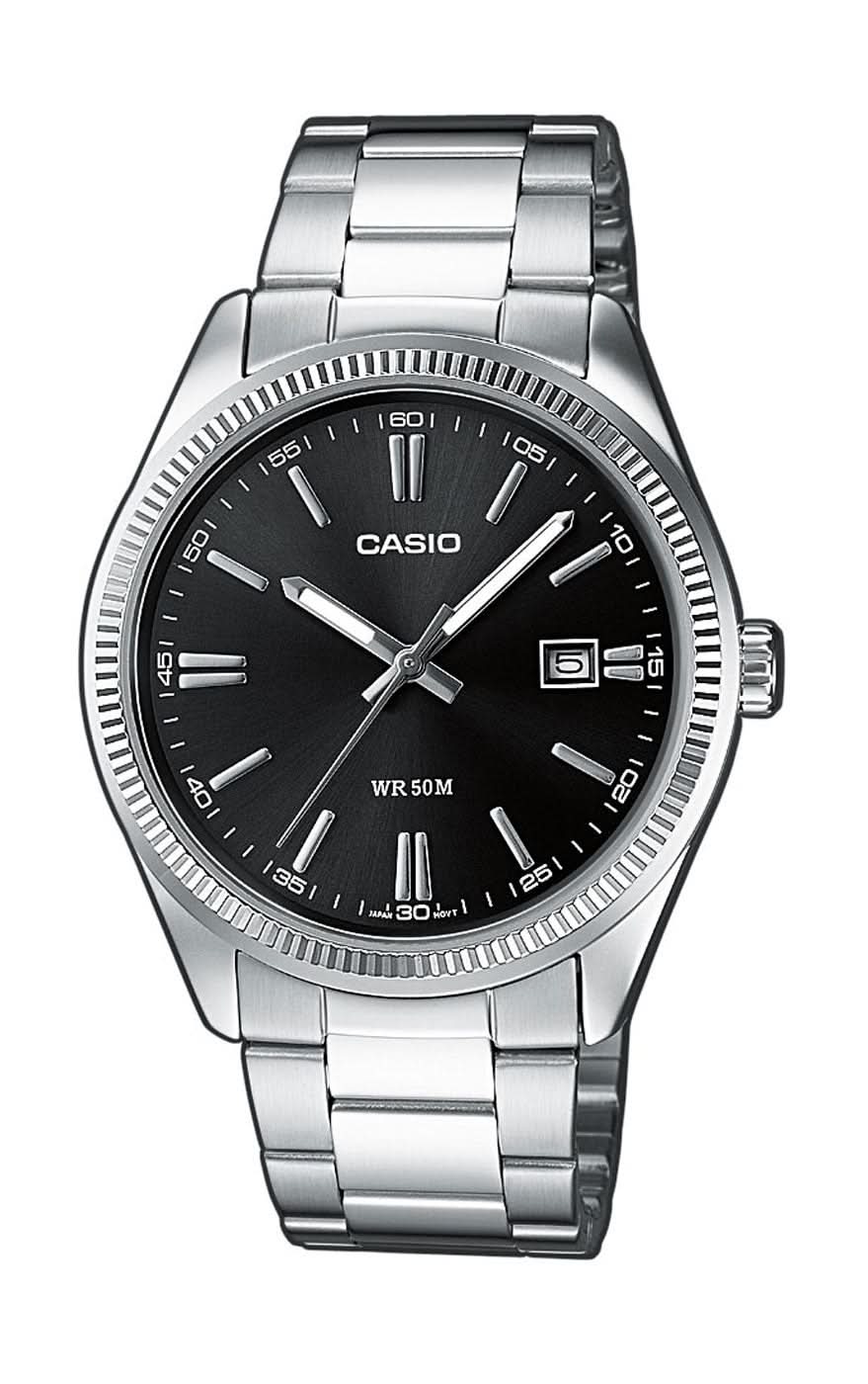 Montre Casio pour homme avec cadran noir et bracelet en métal argenté, analogique