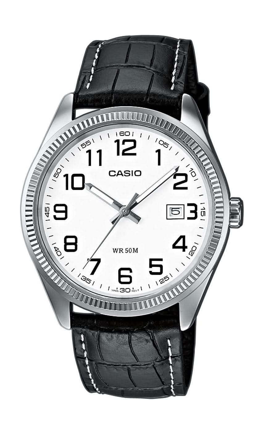 Herrenuhr mit schwarzem Lederarmband, silbernem Gehäuse und weißem Zifferblatt