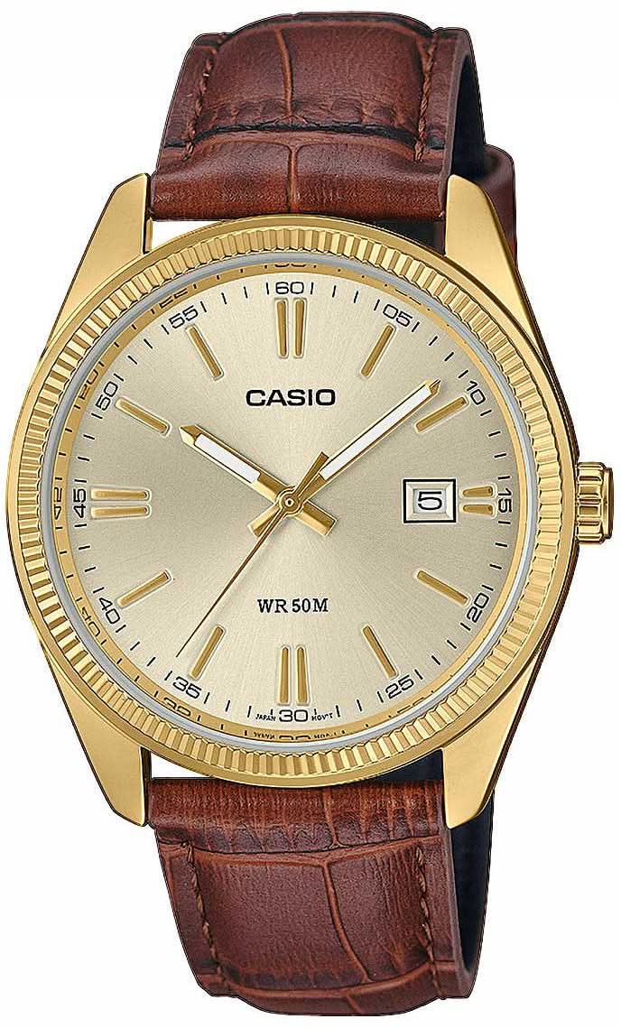 Montre Casio pour homme avec lunette dorée, cadran beige et bracelet en cuir marron avec date