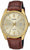 Montre Casio pour homme avec lunette dorée, cadran beige et bracelet en cuir marron avec date
