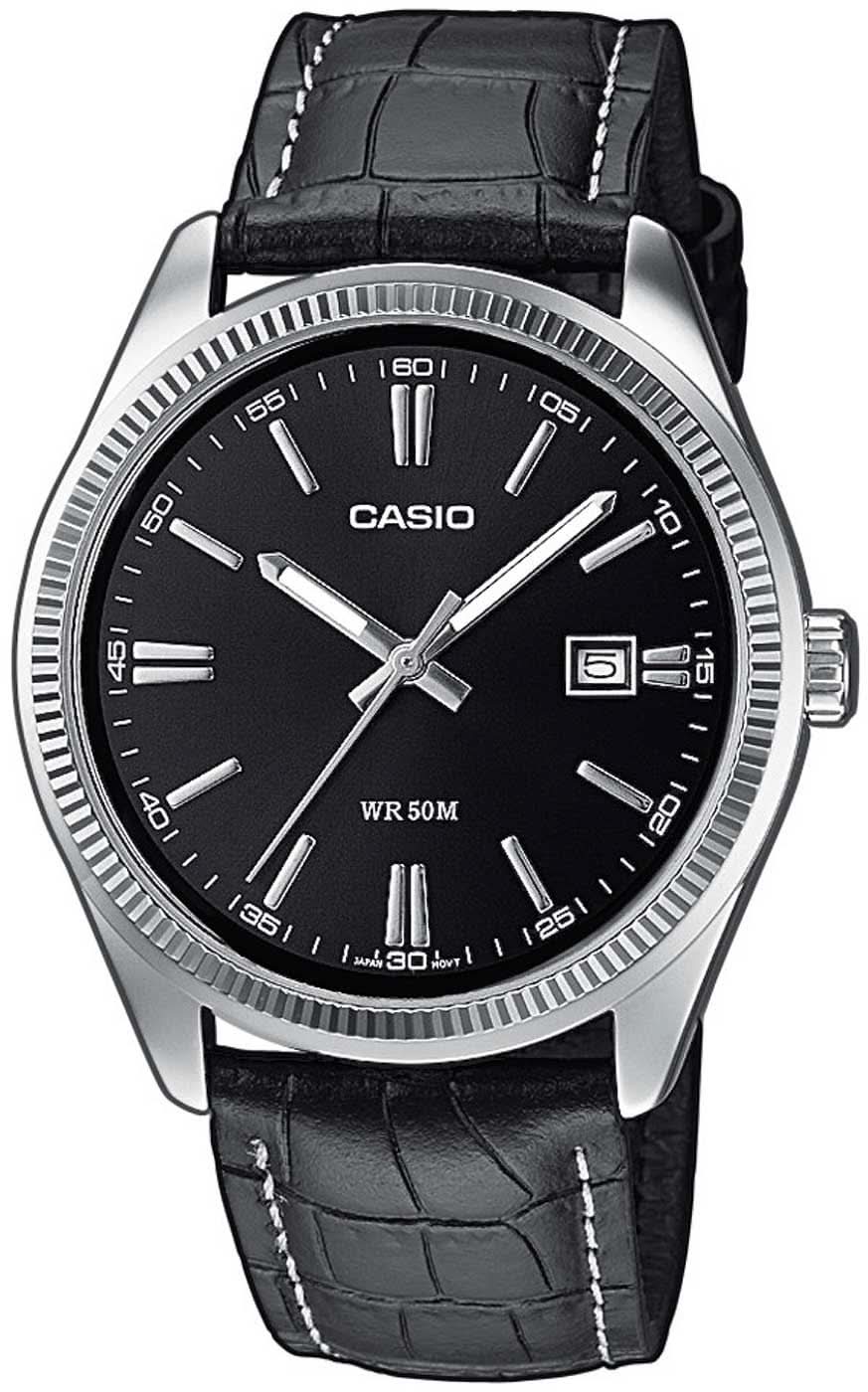 Montre Casio pour homme avec bracelet en cuir noir, cadran rond noir et lunette argentée